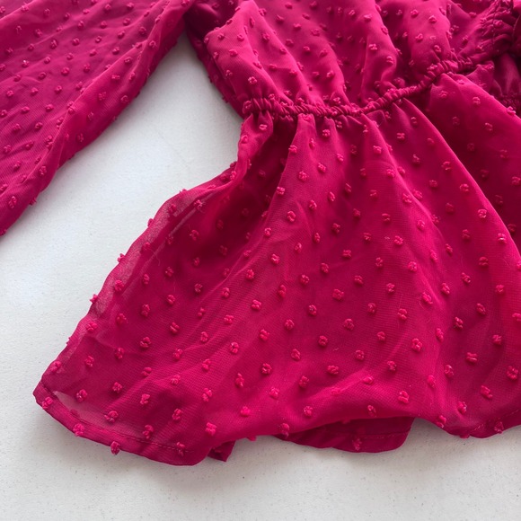 PrettyLittleThing Womens M Dark Red Swiss Dot Tie Front Wrap Sheer Peplum Blouse - Picture 10 of 13